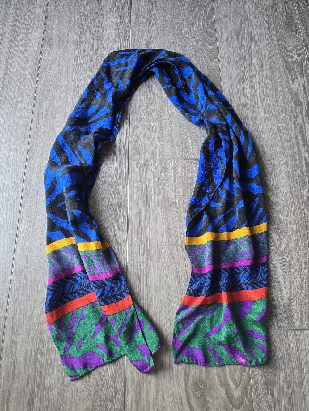 Liz Claiborne Vintage Scarf Blue Black Zebra Rainbow Stripe Oblong 80s Colorful